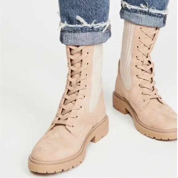 NIB Sam Edelman Lydell Combat Sesame Suede Tan Knit Sock Ankle Boots size 8.5 - Picture 3 of 12